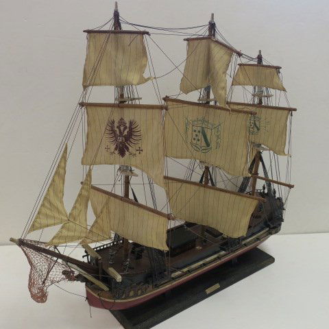Wooden Ship Model of "SPANISH VESSEL XIX CENTURY": Wooden Ship Model of "SPANISH VESSEL XIX CENTURY" Model of 18 Gun Corvette on Stand, Fully Rigged with Sails, Mermaid Figurehead. 30" x 26" x 5 1/2" (150-250)
