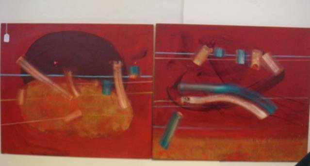 2 Signed Red Abstract Expressionist Acrylics on Board: (1 of 4)