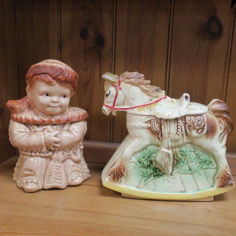 Five Cookie Jars, USA, Pan American, Three McCoy:: Five Cookie Jars, USA, Pan American, Three McCoy: One Smiling and Two Full Body Clown Jars. Each with Some Paint Loss and Crazing. Tallest 11"T. Ca 1950's. USA Davy Crocket with Rifle 10 1/2" Tall, Mc