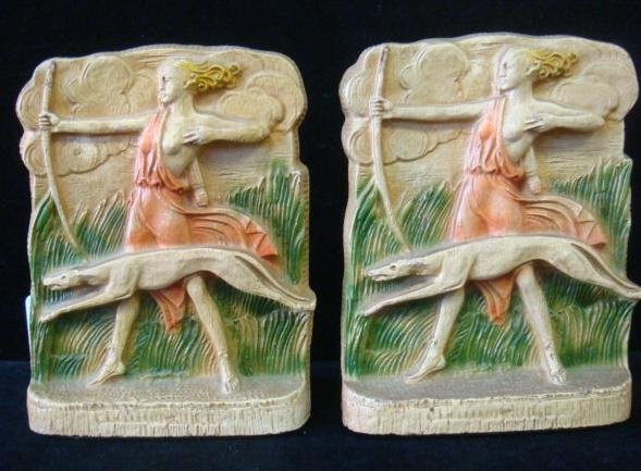 Painted Art Deco Diana the Huntress Bookends: (1 of 3)