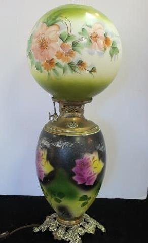 Gone with the Wind Parlor Lamp:: Gone with the Wind Parlor Lamp: Floral Top Globe Replaced, Base Vintage c. 1890. Both Floral Motif with Greens and Pinks. Made in USA on Burner. (100-200)