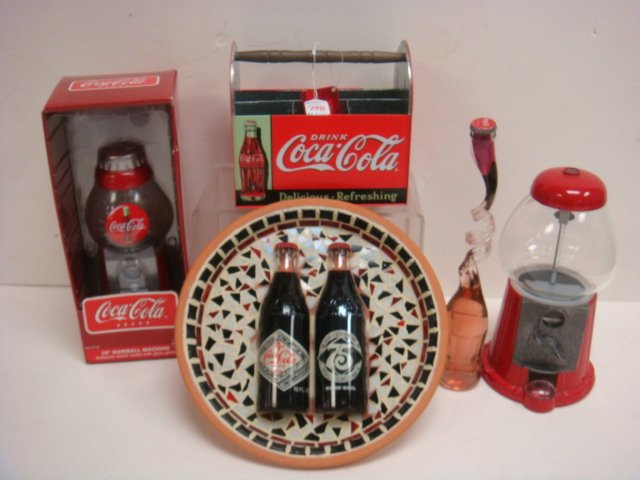 Coca Cola Bottle Mosaic, Two Gum Machines & More:: Coca Cola Bottle Mosaic, Two Gum Machines & More: Homemade Mosaic Made with Bottles from Norfolk, VA for 75th Anniversary Having Black, White & Red Tile on Ceramic Dish, 1985 Bubble Gum Machine from F