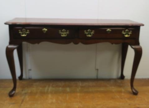 PENNSYLVANIA HOUSE Two Drawer Cherry Console Table:: PENNSYLVANIA HOUSE Two Drawer Cherry Console Table: Queen Ann Style with 4 Cabriole Legs and Pad Feet. Sculpted Beveled Top over Two Center Drawers with Brass Pulls. Finished on Four Sides. Classic So