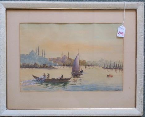 Watercolor of Net Fishermen in Istanbul Signed Kadri: (1 of 3)