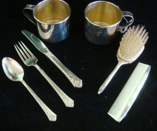 Sterling Silver Childs Cups, Flatware, Brush, Comb: (1 of 3)