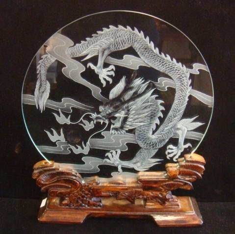 Sand Blast Etched Chinese Dragon on Glass: (1 of 3)