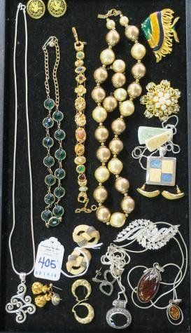 Potpourri of Ladies Costume Jewelry:: Potpourri of Ladies Costume Jewelry: Baltic Amber Oval Slide, Marcasite/Ebony Slide on Sterling Chain, 14kt Gold Hoop Earrings, Silver Pendant Sterling Chain, Rhinestone Pin, TRIFARI Enamel Earrings,