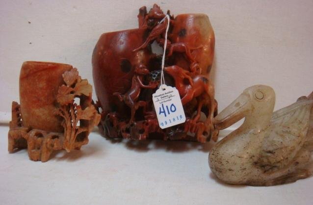 Carved Soapstone Monkey & Flower Vases and Duck:: Carved Soapstone Monkey & Flower Vases and Duck: Double Etched Vases with Monkeys, Birds and Deer is 6 1/4"T. Small Brush Pot with Floral Carving is 3 3/4"T. Chipped Rim & Stem. Both an Orange Color. 
