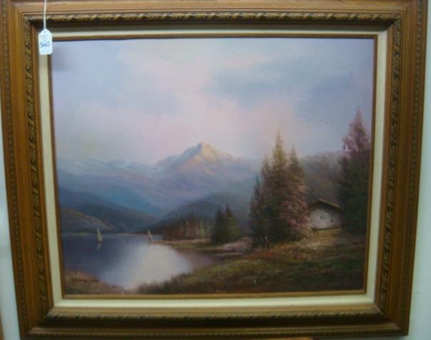 Mountain Landscape Oil on Canvas Signed FLORSHEM:: Mountain Landscape Oil on Canvas Signed FLORSHEM: Misty Rendition of Isolated Cabin on Lake with Sailboats. Signed LL. Possibly Fan of Bob Ross. 24" X 20" Image in 4 1/2" Carved Oak Frame with Linen L