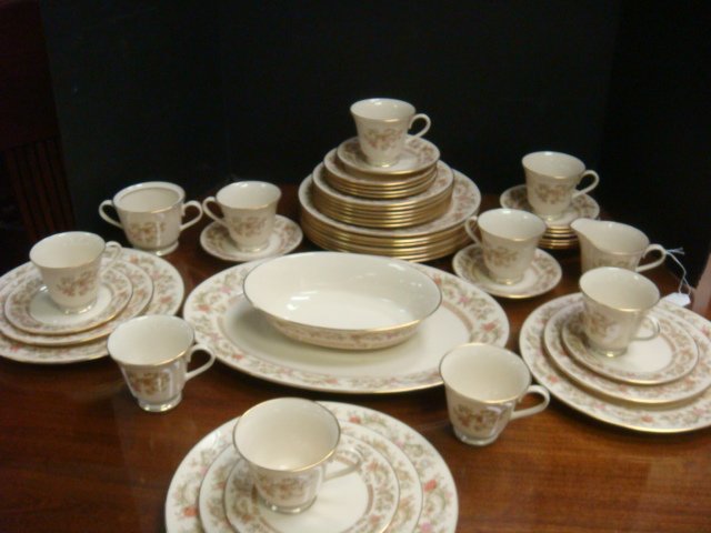 LENOX Helmsley Dinnerware, 48 Pieces:: LENOX Helmsley Dinnerware, 48 Pieces: CA. 1982-88. Multicolor Floral Rim with Gold Edge. Includes 10 Dinnerplates, 9 Salad Plates, 7 Bread Plates, 9 Cups and Saucers, Creamer, Sugar (Missing Lid), 9 1