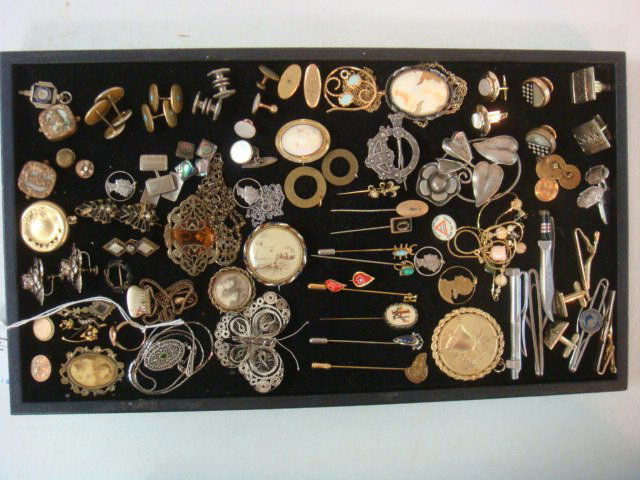 Vintage Ladies and Men's Jewelry:: Vintage Ladies and Men's Jewelry: Includes Cufflinks & Studs, Some with Stones. 2 Shell Cameos, 9 Stick Pins, Deco Pins. Filigree Butterfly & Pendant Necklace with Peridot. 3 Victorian Photo- Pins, Co