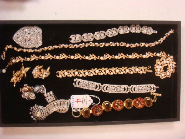 Collection of Named and Unnamed Costume Jewelry:: Collection of Named and Unnamed Costume Jewelry: 2 Rhinestone Link Bracelets, Bow Pin, Circle Pin with Drops & Lapel Clip. TRAFARI Ivy Suite of Necklace, Bracelet, Pin and Earrings. 3 Pair Clip Earrin