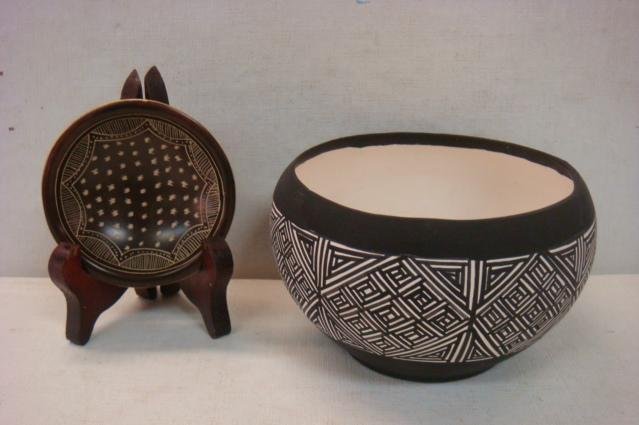 Taos Pueblo Clay Bowl and Small Bowl:: Taos Pueblo Clay Bowl and Small Bowl: Clay Bowl has Painted Black and White Geometric Pattern. 3"T. Small Carved Brown Bowl is Signed on Bottom. 3/4"T, 3"D. (150-200)