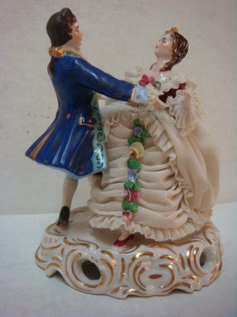DRESDEN Lace Romantic Couple Dancing:: DRESDEN Lace Romantic Couple Dancing: MZ Crown Mark with Handwritten Dresden Germany Dec. 8. Couple on Base are 5 1/2"T, 4 1/2"W. Damage at Back of Dress. (80-120)