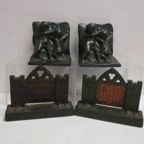Two Pairs of Metal Bookends:: Two Pairs of Metal Bookends: Pair of JUDD Cast Iron Gothic Church Gate Design, One with Original Two Toned Green and Brown Paint. 6"T, 7 1/2"W. Pair of Pot Metal Putti with Books are 5"T, 5"W. (200-40
