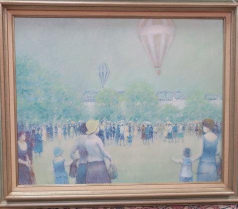 Jean Daumier Signed "Hot Air Balloons" Oil on Canvas:: Jean Daumier Signed "Hot Air Balloons" Oil on Canvas: Listed French Artist Born 1948, Signed LR. Depiction of Balloon Rides in the Park, a Favorite Subject. His Style is Misty Impressionism with Figur