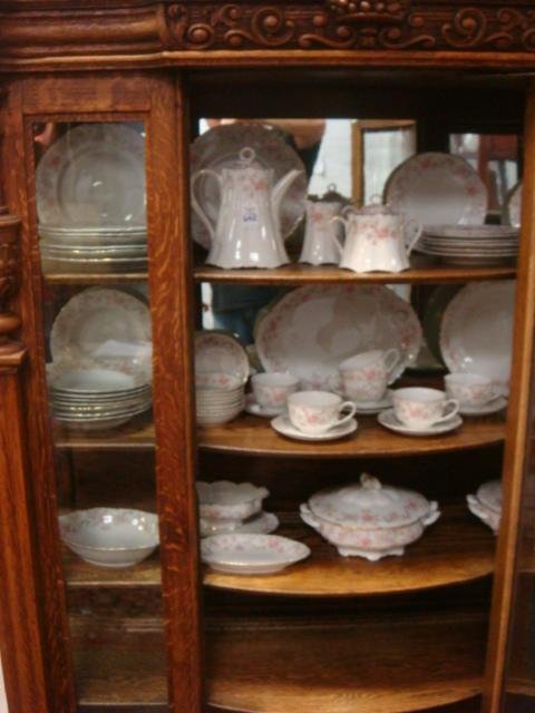 HUTSCHENREUTHER Richelieu Dinnerware, 65 Pieces:: HUTSCHENREUTHER Richelieu Dinnerware, 65 Pieces: Ca. 1929-1986. Pink Flowers, Gold Rims. Service for 8. Dinner and Bread Plates, 7 Salad Plates and Soup Bowls, 8 Fruit Bowls, Cups and Saucers, Sugar, 