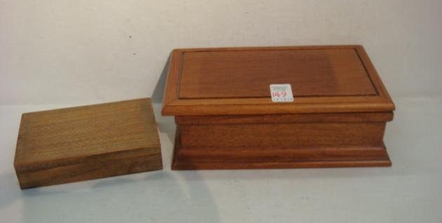 Two Decorative Boxes, One Brass Inlaid, One Mahogany:: Two Decorative Boxes, One Brass Inlaid, One Mahogany: Trinket Box with Brass String Inlay Pattern on Top and Sides. 7" X 4 1/2" X 1 3/4". Larger Document Box with Lift Off Overhanging Lid with Line Ca