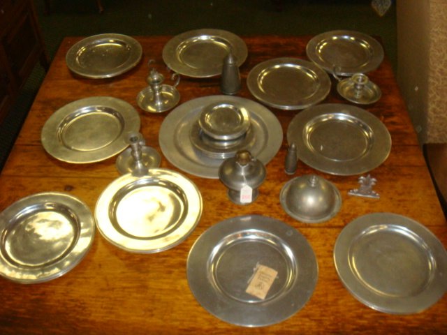 Solid Pewter Dinnerware and Table Accessories:: Solid Pewter Dinnerware and Table Accessories: Includes 12 Dinner Plates, 1 Butter, 3 Candle Holders, 1 Oil Lamp (No Shade) 4 Saucers, 3 Deserts, 1 Bell, 4 Serving Plates, Meat Platter, Salt and Peppe