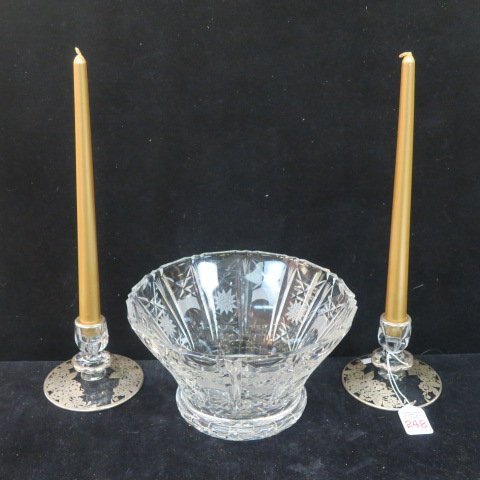 Silver Overlay Candlesticks and Cut Glass Bowl:: Silver Overlay Candlesticks and Cut Glass Bowl: Pair of Glass Candlesticks have Silver Overlay Flowers and Rims. 3 1/2"T, 4 1/2"D Foot. Flared Cut Glass Fruit Bowl with Polished Rim and Star Cut Foot 