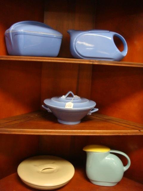 Mid Century Ceramic Covered Bowls and Pitchers:: Mid Century Ceramic Covered Bowls and Pitchers: Vintage Russel Wright Iroquois Chartreuse Covered Bowl is 10"D. Unmarked Blue Lidded Bowl is 8 1/2"D. Hall Westinghouse Pieces Include Covered Refrigera