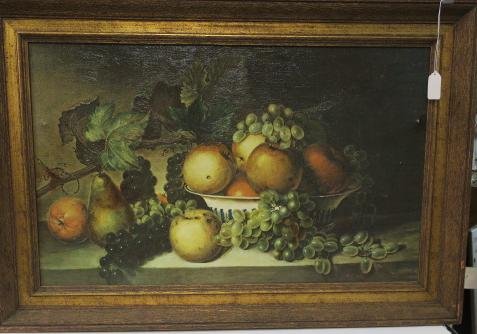 James Peale Enhanced Print of Fruit Still Life:: James Peale Enhanced Print of Fruit Still Life: Listed Artist, 1749-1831. Depiction of Apples, Grapes & Pear Asymmetrically Balanced on Shelf with Ceramic Bowl. Framed to 21" X 31 1/2". Retouched with