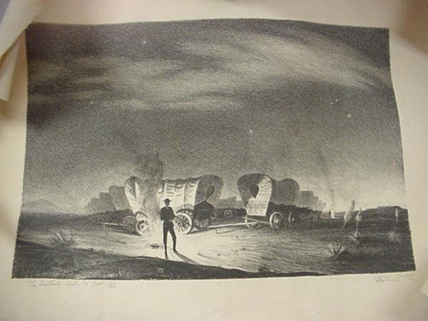 PETER HURD Signed, Numbered, Titled Lithograph: 512. PETER HURD Signed, Numbered, Titled Lithograph: Pencil Signed Lower Right, # 111/500, Title Sentinels Santa Fe Trail. 20" X 27". Handprinted in Stone with Printers Mark "K" in Lower Left Corner.