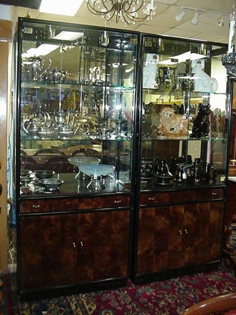 2 Henredon Lighted Lacquered Glass Door China Cab: 589D. 2 Henredon Lighted Lacquered Glass Door China Cabinets Scene Three Collection, Contemporary Burl Front Design on Single Drawer and Double Doors. Dual Brass Canister Flood Lamps. 82"T X 36"W X 16