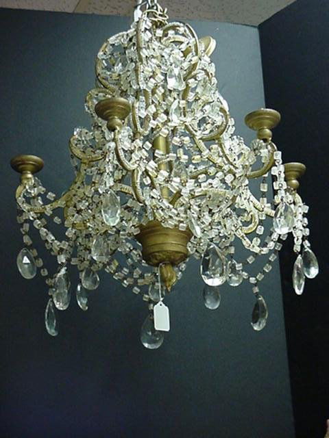 Pair of 6 Arm Crystal Beaded Chandeliers: 595. Pair of 6 Arm Crystal Beaded Chandeliers: Curled Arm Generates From Top and is Outlined in Large Seed Beads. Layers of Draped Cylindrical Beads Surround Arms. Teardrop Prisms Hang From Drapes. Mi