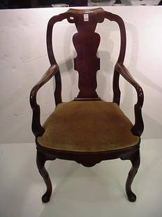Walnut Shaped Vase Slat Arm Chair: 765. Walnut Shaped Vase Slat Arm Chair: 40"T at Back. Upholstered Slip-Seat, Cabriole Legs with Leaf Carved Knees and Front Pad Feet. Queen Anne Style with Ox Yolk Crest Rail and Gently Curved Arms.