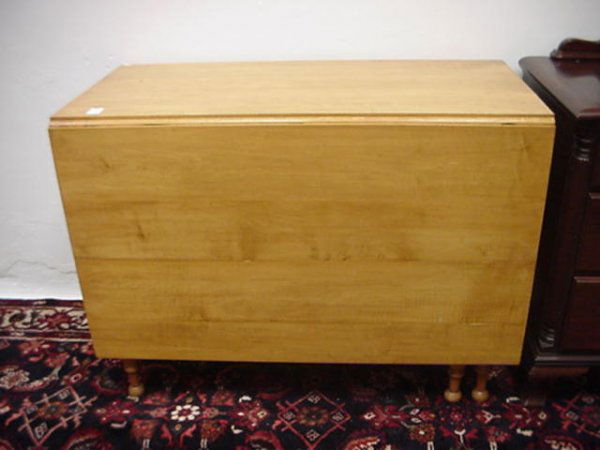 Blond Mahogany Drop Leaf Table: 1746. Blond Mahogany Drop Leaf Table: 29"T, 40"L, 19"W with Two 25" Drops. Drawer on One End. Turned and Tapered Legs. All Items sold AS IS, No Refunds, Returns or Exchanges. For Detailed Condition Re