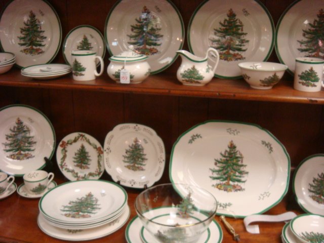 SPODE England Christmas Tree Dinnerware 35 Pcs:: SPODE England Christmas Tree Dinnerware 35 Pcs: Ten 10 3/4" Plates, Four 8" Plates, 7 3/4" 2003 65th Anniversary Plate, Four 6 1/2" Bread Plates, 9" Square Pierced Rim Plate, Four 6 1/4" Cereal Bowls,
