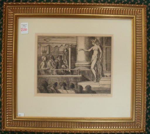 Strip Tease in New Jersey Etching by REGINALD MARSH:: Strip Tease in New Jersey Etching by REGINALD MARSH: Edition of 200, Publisher Associate American Artist, Done 1951. 7 7/8" X 10". Listed American Artist (1898-1954). Subjects Life Around NY From Bowe
