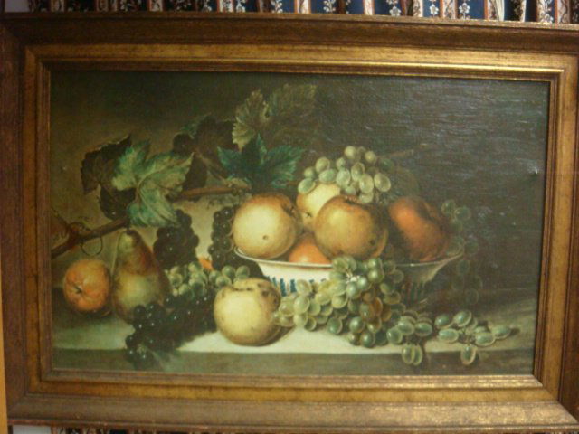James Peale Enhanced Print of Fruit Still Life:: James Peale Enhanced Print of Fruit Still Life: Listed Artist, 1749-1831. Depiction of Apples, Grapes & Pear Asymmetrically Balanced on Shelf with Ceramic Bowl. Framed to 21" X 31 1/2". Retouched with