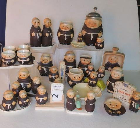 W. GOEBEL "FRIAR TUCK" Series Collectibles, 30 Pcs:: W. GOEBEL "FRIAR TUCK" Series Collectibles, 30 Pcs: Utilitarian Kitchen Collectibles; Beer Stein, Calendar, Thermometer, Flask, Salt & Pepper, Syrup, Sugars, Ring Holders, Egg Servers, Wine Corks, Oil