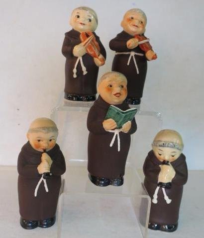 Five GOEBEL "FRIAR TUCK" Band Figurines:: Five GOEBEL "FRIAR TUCK" Band Figurines: Flute Player, Violin Player and Singer with Stylized Bee Mark, TMK3, 1960-72. Violin and Flute Player Salt & Pepper Shakers with No Bee Mark, TMK 6 1979-91. Ea