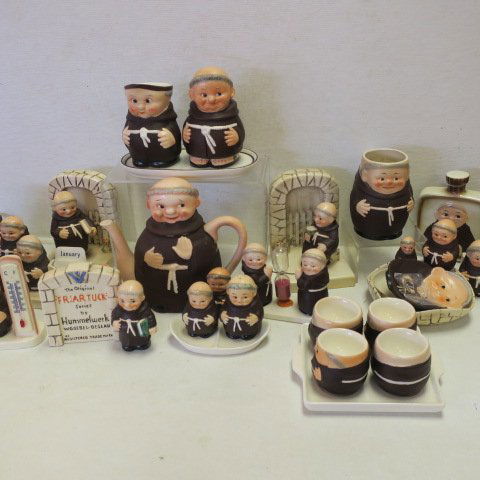 GOEBEL "Friar Tuck" Collectables,: GOEBEL "Friar Tuck" Collectables, Bookends, Egg Cups, Teapot, Creamer, Sugar, Egg Timer and Cups, Condiment Set, Thermometer, Mug, Salt and Peppers, Sign and More. (-)