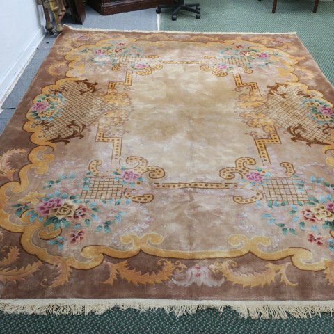 Plush Room Sized Rug in Shades of Brown:: Plush Room Sized Rug in Shades of Brown: Open Center Field with Sculpted Floral and Palmetto Corners Interspersed with Lattice Design. Twisted Fringe. 10' 10" x 9' 6". Pops of Red in Flowers. (300-600