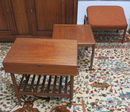 Mid Century Danish Modern Teak Desk, Table & Stool:: Mid Century Danish Modern Teak Desk, Table & Stool: Portable Desk on Casters has Lift Top with Compartmented Interior. Slide Out Writing Surface (Missing Insert). Slatted Lower Shelf. 23"T, 23 1/2" X