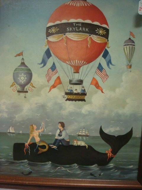 MARTHA CAHOON Print on Canvas, The Skylark:: MARTHA CAHOON Print on Canvas, The Skylark: Listed American Folk Artist (1905-99)Husband Ralph Also Artist and Worked in Similar Subjects. Main has a Cahoon Museum. Mermaid and Sailor on Whale with Ae