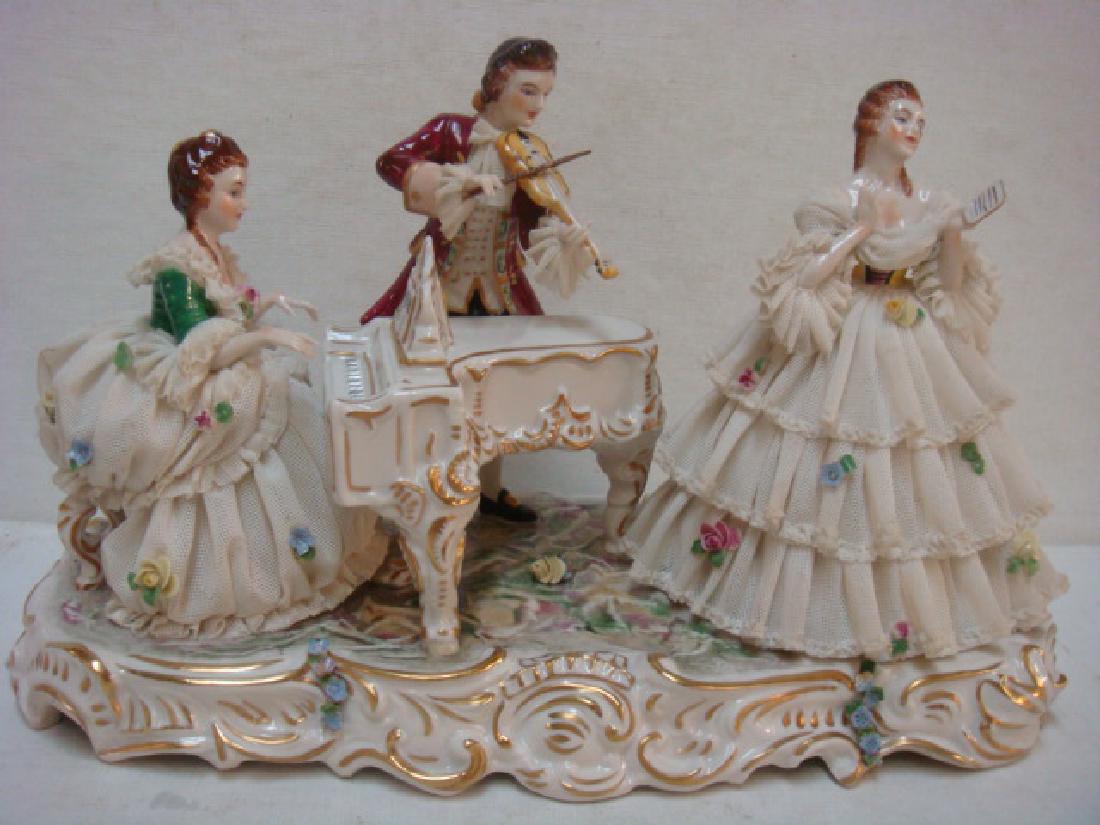 DRESDEN Lace Group, Merry Music Makers around Piano:: DRESDEN Lace Group, Merry Music Makers around Piano: Two Ladies, One Playing Piano, Wearing Lace Dresses with Applied Flowers. Gentleman Playing Violin has Lace Cuffs and Cravat. Small Lace Damage. 7 