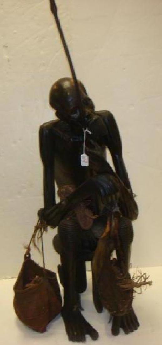 Wakamba Tribe Witch Doctor by Kimanga:: Wakamba Tribe Witch Doctor by Kimanga: Old Kenyan Medicine Man Seated on Stool with Professional Equipment in Woven Bags, IE Charms, Bowls, Powders & Magical Possessions. He Converses with Spirits for