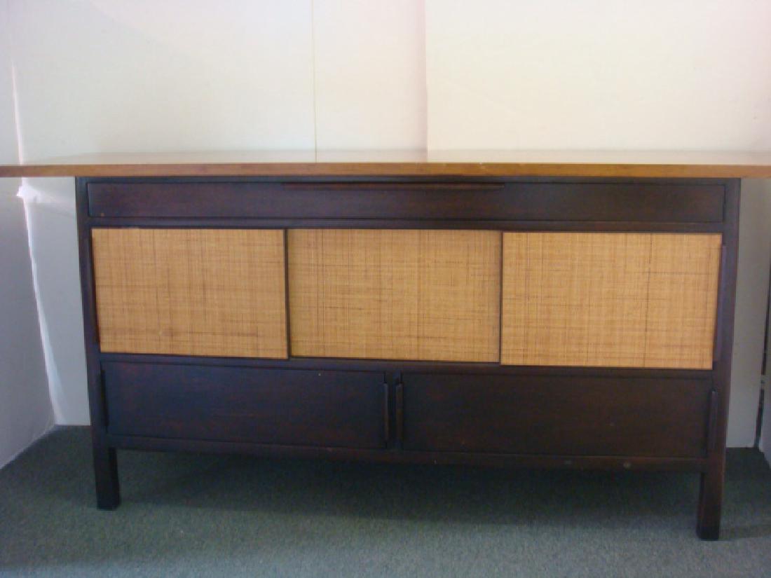 1952 EDWARD WORMELY Credenza for DUNBAR:: 1952 EDWARD WORMELY Credenza for DUNBAR: Designed by Wormely and Hand Constructed by Dunbar. Top is Walnut Rectangular Overhanging Slab Measuring 80" X 22". Long Fitted and Lined Drawer Over 3 Rattan
