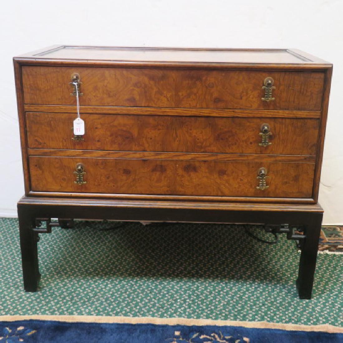 Handsome Asian Burl Walnut Three Drawer Stand:: Handsome Asian Burl Walnut Three Drawer Stand: Framed Top with Burl Walnut Panels. Three Dovetailed Drawers with Matched Burl Veneer Fonts. Asian Pierced Brass Pulls. Ebony Stained Base. 27"T, 32" X 1