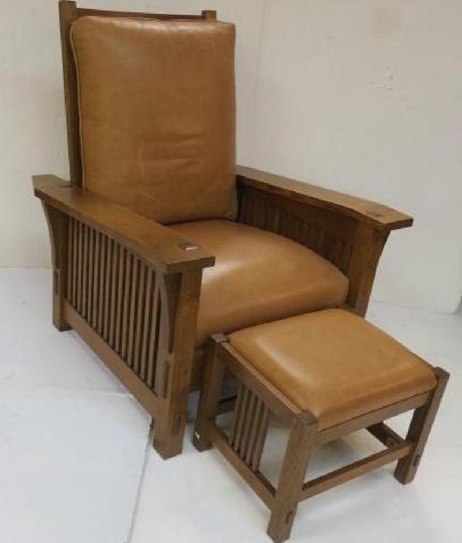 Modern STICKLEY Spindle Side Oak Arm Chair:: Modern STICKLEY Spindle Side Oak Arm Chair: Arts & Crafts Style Chair with Leather Upholstered Back and Seat Pillows. Includes Leather Upholstered Footstool also with Slat Sides. Stickley Circular Met