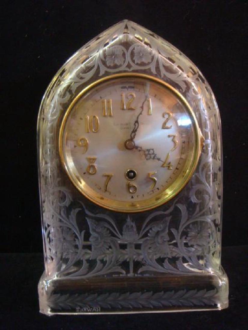 HAWKES Crystal Clock Case with WEBB C BALL CO Clock:: HAWKES Crystal Clock Case with WEBB C BALL CO Clock: Back of Brass Clock Reads Chelsea Clock Co. Boston. Beautifully Cut Crystal Hawkes Steeple Case. Floral Vine and Torch Pattern on Front and Sides w