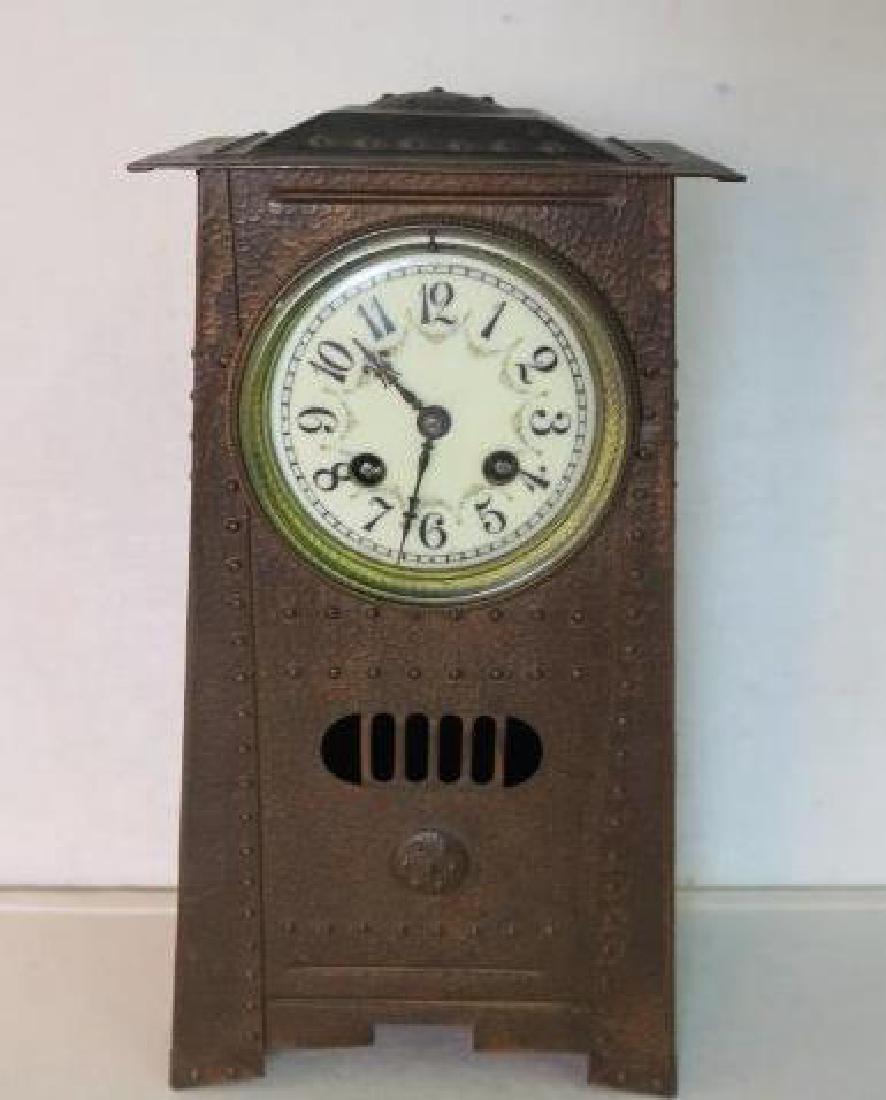 Arts & Crafts 1900 French S. MARTI Mantle Clock:: Arts & Crafts 1900 French S. MARTI Mantle Clock: Hammered Copper Case with Rivet Construction and Arched Base, Original Patina. Works Marked France A1 2725 52. Metal Medallion Marked Medaille D'or Par