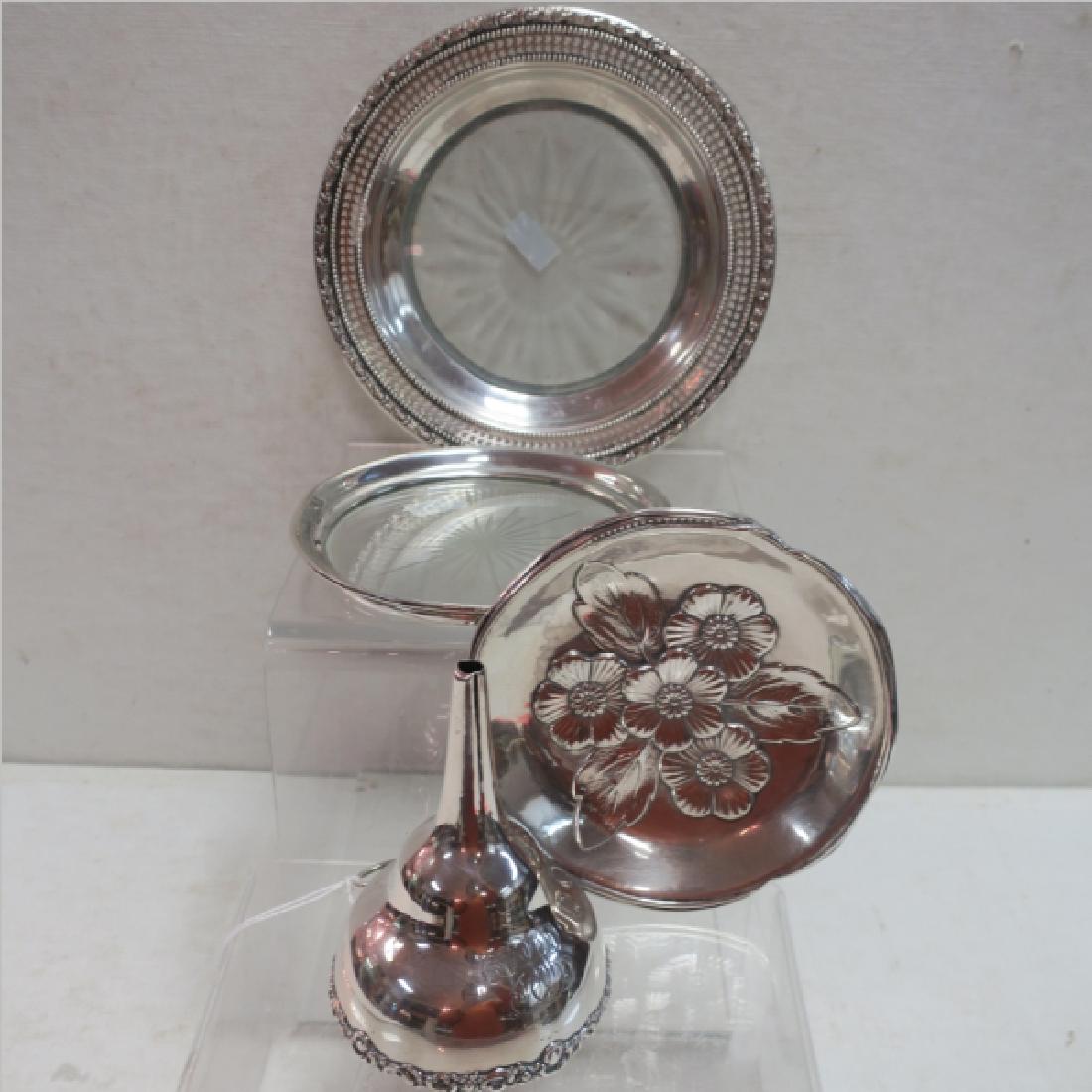 Sterling Silver Funnel, Coasters and Dish:: Sterling Silver Funnel, Coasters and Dish: Funnel with Monograms and Ring is 4"L. Sterling Rimmed Glass Wine Coaster is 5"D. Whiting Talisman Rose Glass Coaster with Pierced Sterling Rim is 6 1/2"D. I