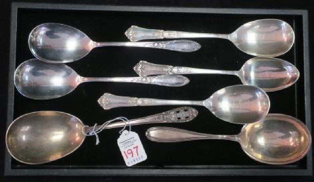 Seven Sterling Silver Serving Spoons:: Seven Sterling Silver Serving Spoons: ALVIN William Penn Vegetable Spoon, FINE ARTS Crown Princess Casserole Spoon, STATE HOUSE Stately Tablespoon and 2 Casserole Spoons and 2 ONEIDA Virginian Cassero