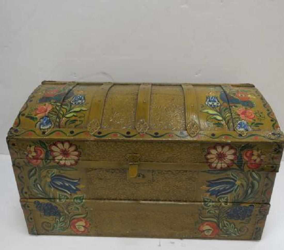 Whimsical Artist Signed Folk Art Painted Trunk:: Whimsical Artist Signed Folk Art Painted Trunk: Pennsylvania Dutch Style of Vibrant Colors and Emphasizing Flowers, Petals and Dots. Slight Embossed Humpback is Painted Overall Including Hardware. 16 